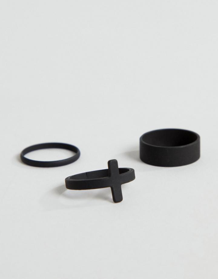 Asos Design Ring Pack With Cross In Matte Black - Black