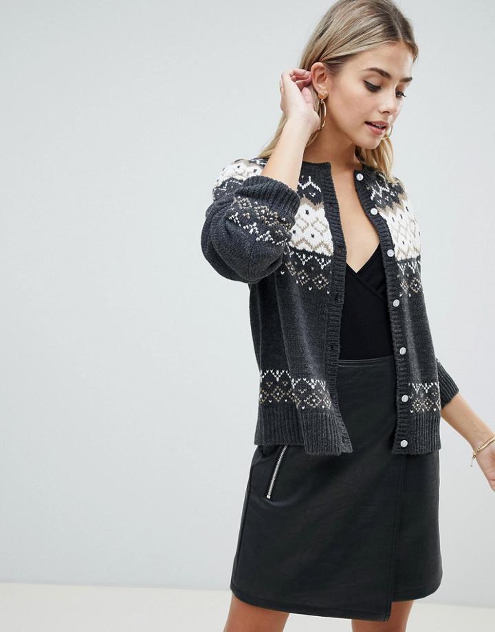 Fashion Union Cardigan In Fairisle Knit - Gray