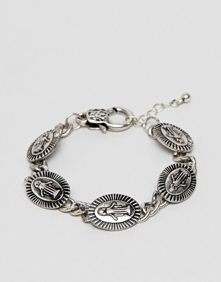 Asos Design Medallion Bracelet In Burnished Silver - Silver