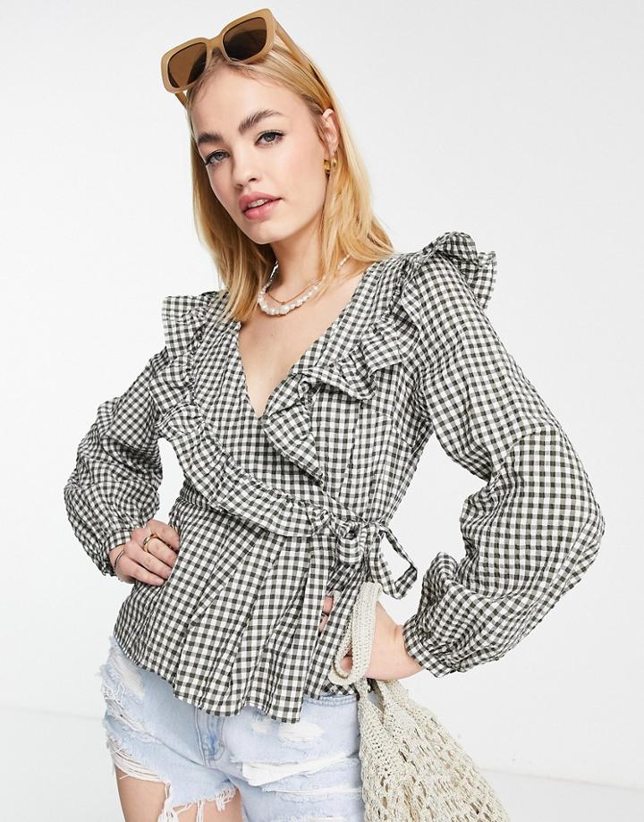 Topshop Gingham Wrap Blouse In Multi