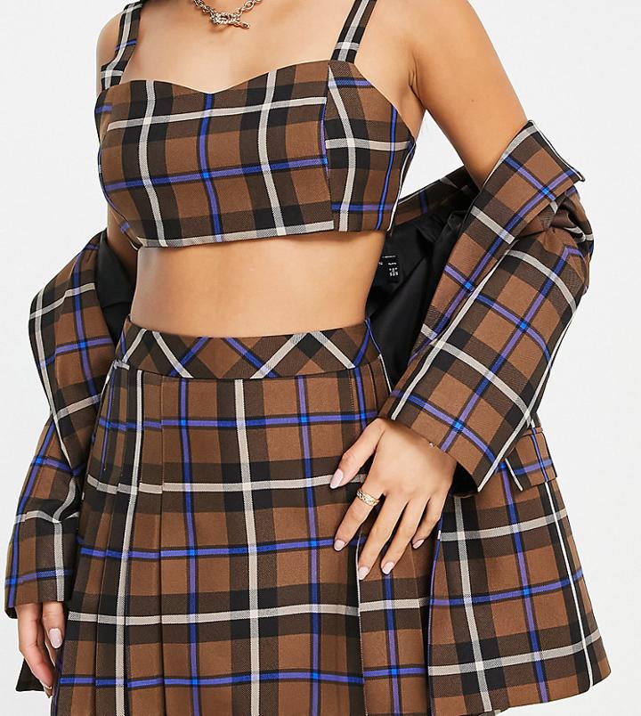 Asos Design Petite Kilt Mini Skirt In Brown Check