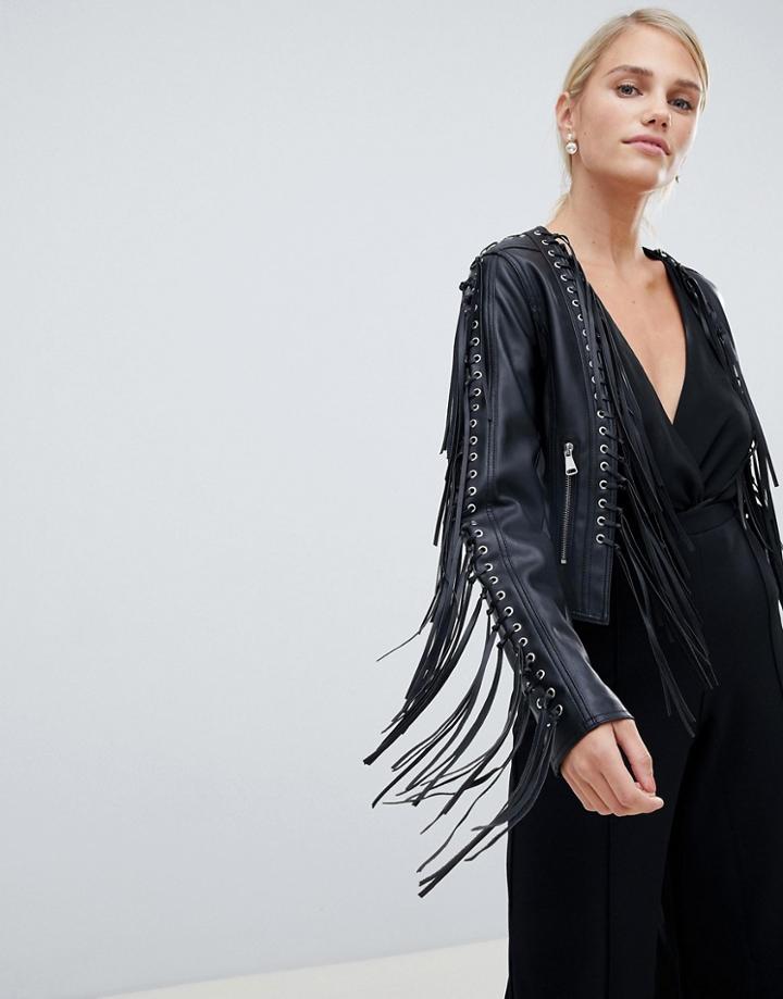 Forever Unique Tassel Fringing Pu Jacket - Black
