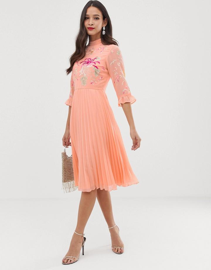 Asos Design Embroidered Pleated Midi Dress With Fluted Sleeve-pink