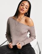 Na-kd Off Shoulder Ribbed Top In Dusty Mole-neutral