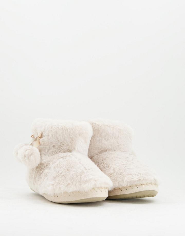 Accessorize Bootie Slippers In Cream Faux Fur-white