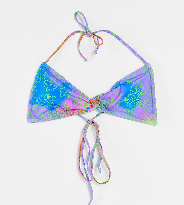 Collusion Bikini Top With Tie Front Detail In Neon Floral Print - Multi