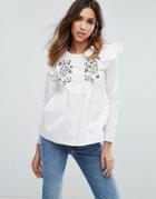 Prettylittlething Embroidered Frill Sleeve Shirt - White