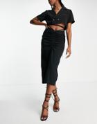 Weekday Luna Cotton Ruched Front Midi Skirt In Black - Black