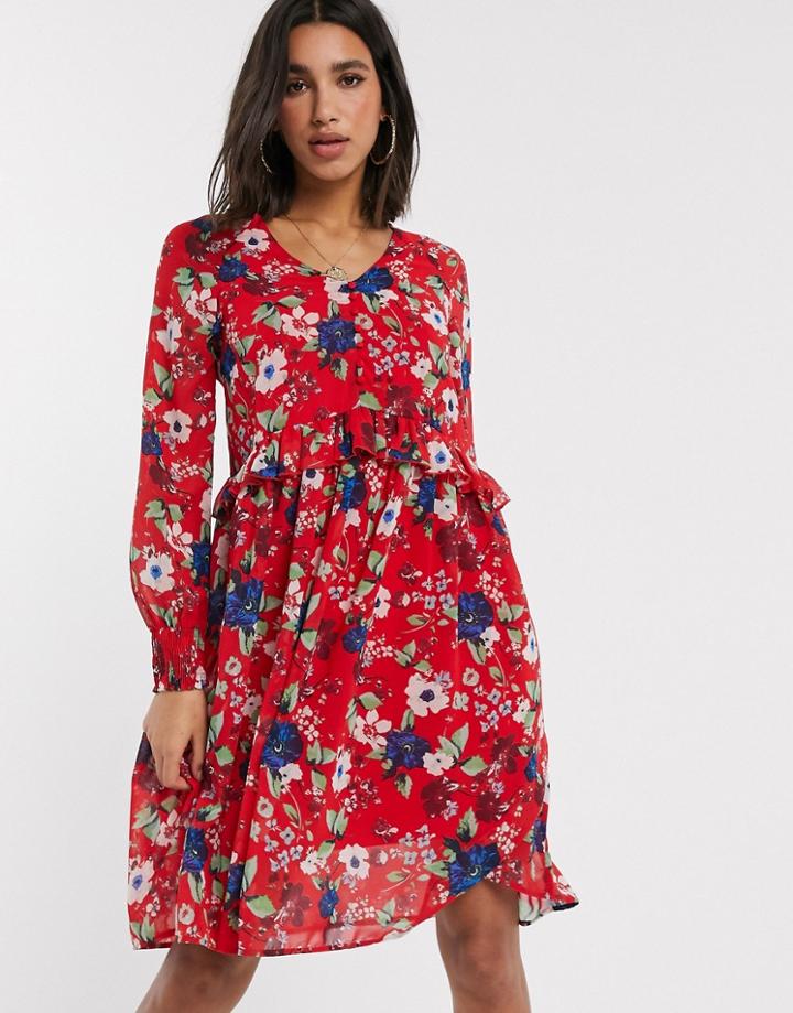 Vero Moda Drop Waist Floral Smock Dress-red
