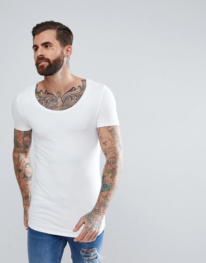 Asos Muscle Fit T-shirt With Deep Scoop And Curved Hem - White