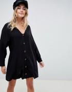Asos Design Button Through Mini Dress With Long Sleeves-black