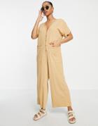 Asos Design Washed Button Through Oversized Jumpsuit In Stone-neutral