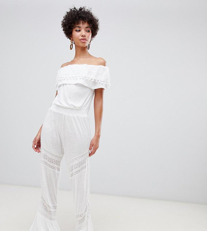 River Island Bardot Beach Jumpsuit With Frill Detail In White - White