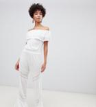 River Island Bardot Beach Jumpsuit With Frill Detail In White - White