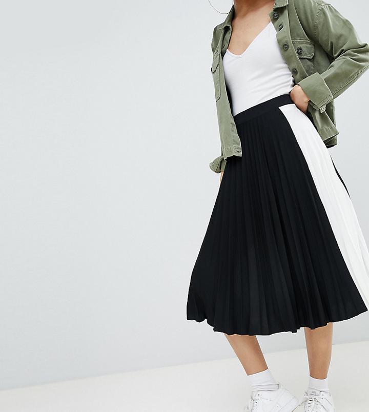 Bershka Side Stripe Pleated Midi Skirt In Black