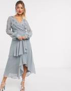 Asos Design Embellished Wrap Waist Midi Dress With Double Layer Skirt And Long Sleeve-grey