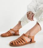 Asos Design Wide Fit Marina Leather Fisherman Flat Shoes In Tan-brown