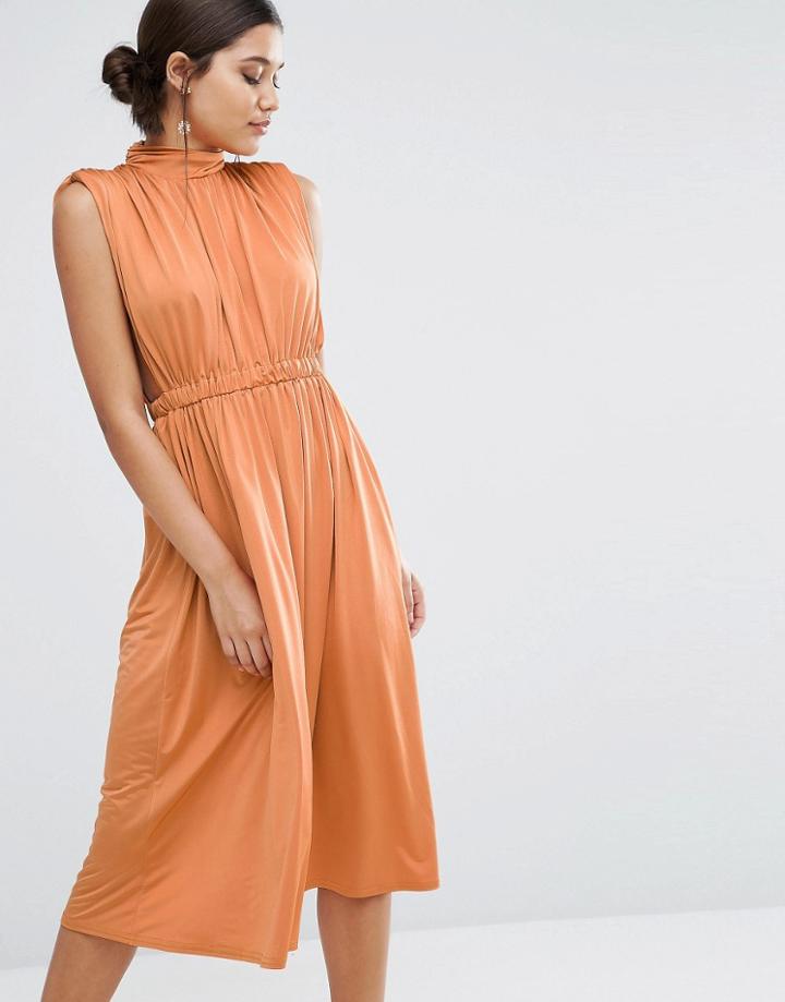 Asos High Neck Ruched Open Side Midi Dress - Orange