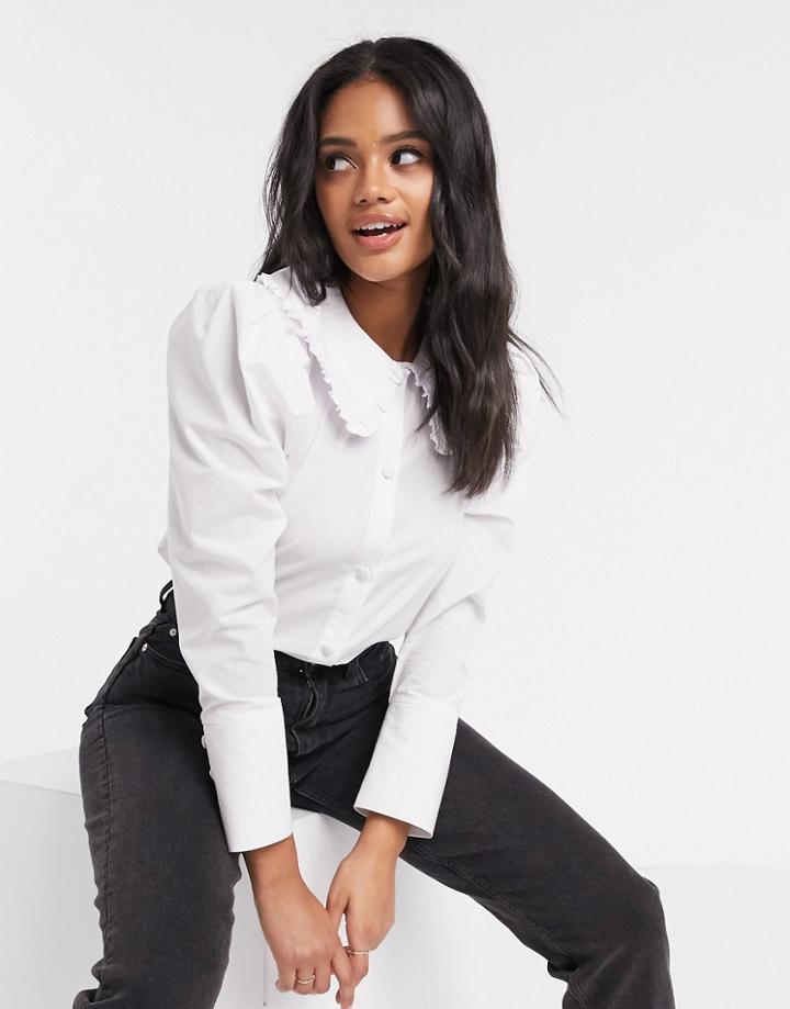 Asos Design Long Sleeve Shirt With Ruffle Collar Detail In White