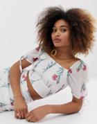 Neon Rose Shirred Crop Top In Vintage Floral Two-piece - White