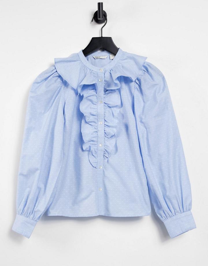 Only Ruffle Button Shirt With Volume Sleeves In Light Blue-blues