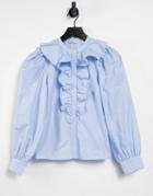 Only Ruffle Button Shirt With Volume Sleeves In Light Blue-blues