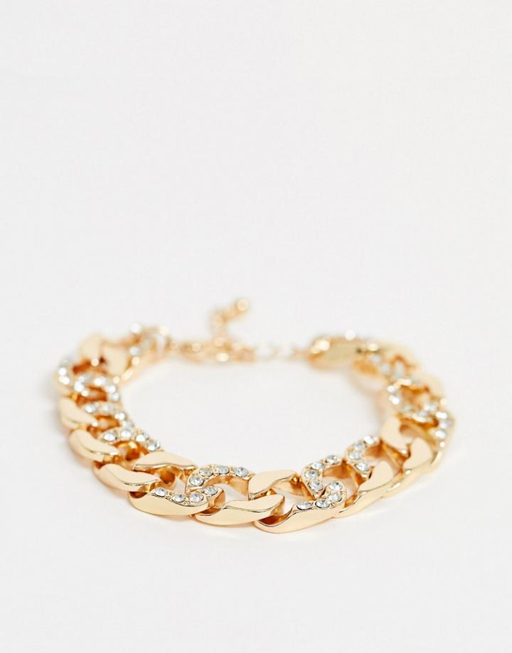Asos Design Bracelet With Crystal Curb Chain Links In Gold Tone
