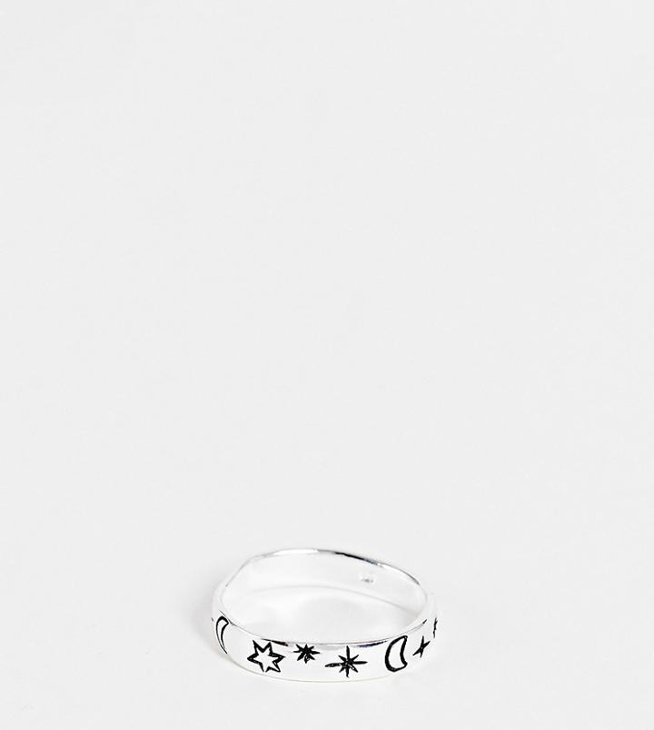 Asos Design Sterling Silver Band Ring With Celestial Design In Silver