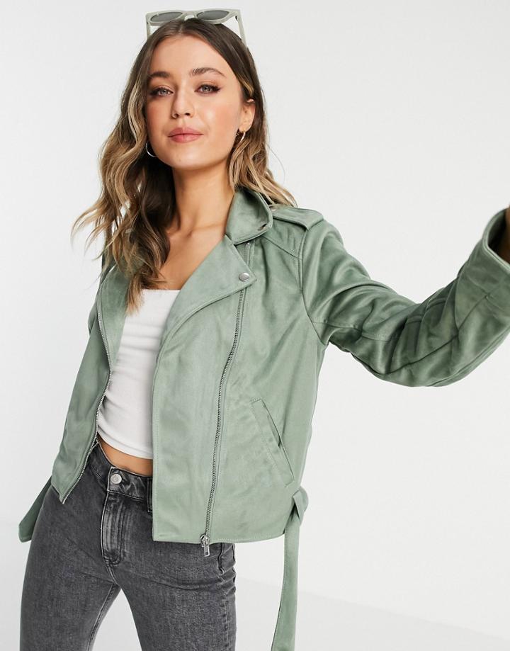 Asos Design Suedette Moto Jacket In Sage-green
