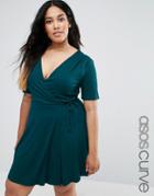 Asos Curve Skater Wrap Tea Dress - Green