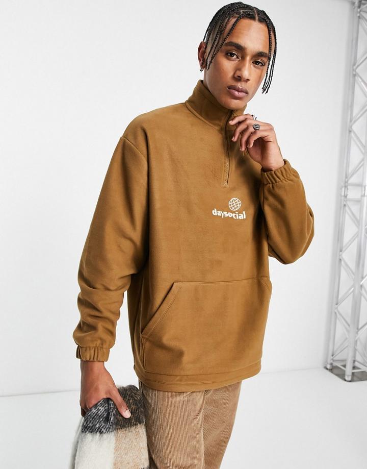 Asos Daysocial Oversized Quarter Zip Sweatshirt In Polar Fleece With Logo Print In Brown