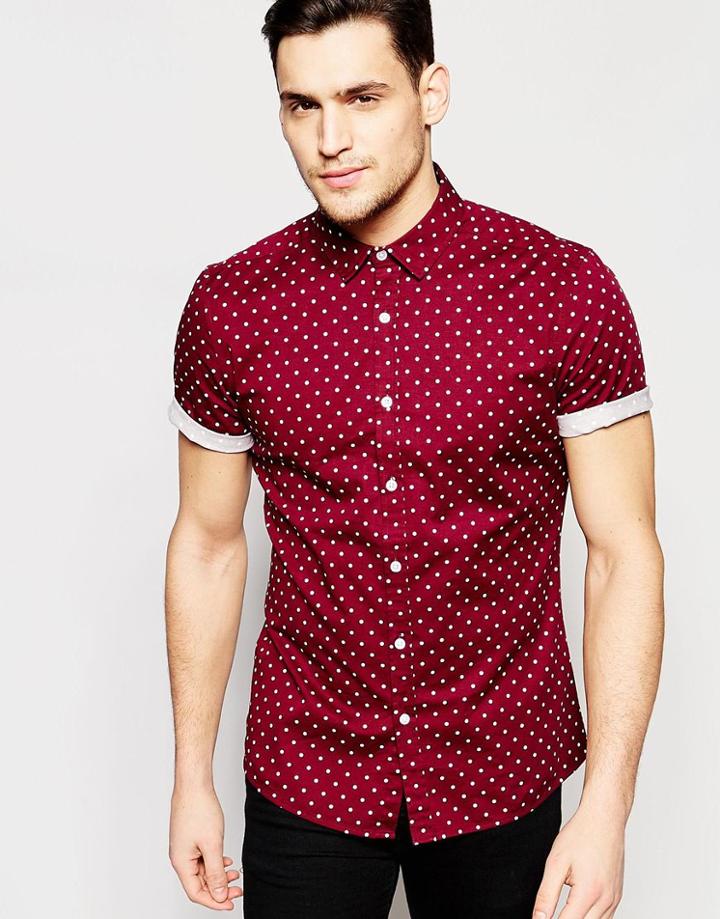 Asos Skinny Polka Dot Shirt In Burgundy With Short Sleeves - Burgundy