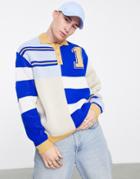 Asos Design Knit Rugby Polo Sweater With Embroidery-blue
