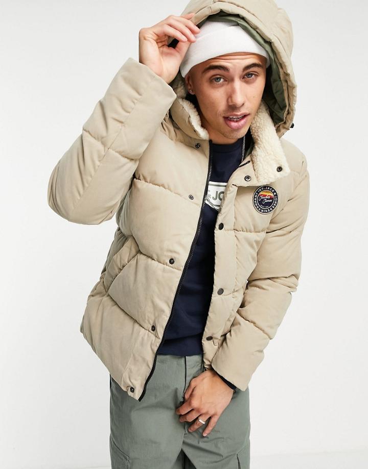 Jack & Jones Sherpa Collar Puffer Jacket With Hood In Stone-white