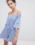 Asos Design Off Shoulder Jersey Romper With Frill Hem In Gingham - Blue