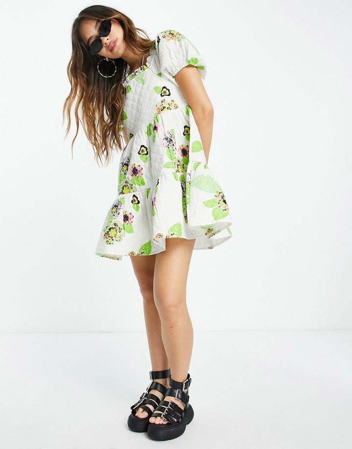 Asos Design Puff Sleeve Quilted Square Neck Dress In Oversized Floral-multi