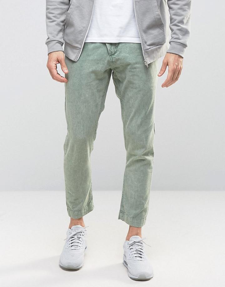 Asos Tapered Trousers In Khaki Acid Wash - Green