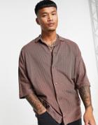 Asos Design Oversized Rib Jersey Shirt With Half Sleeve In Brown