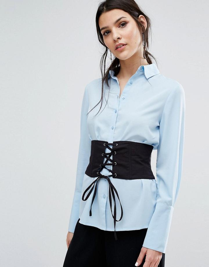 Neon Rose Poplin Boyfriend Shirt With Corset Waist - Blue