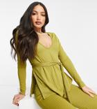 Club L London Tall Ribbed Plunge Neck Top Set In Green