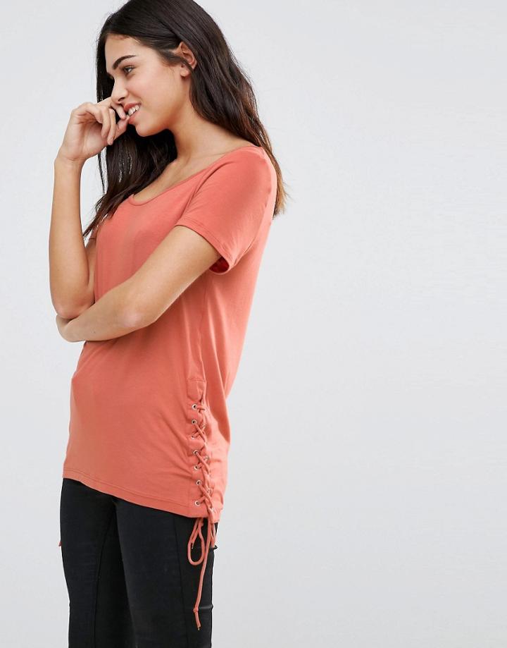Vila Short Sleeve T-shirt With Lace Tie Detail - Navy