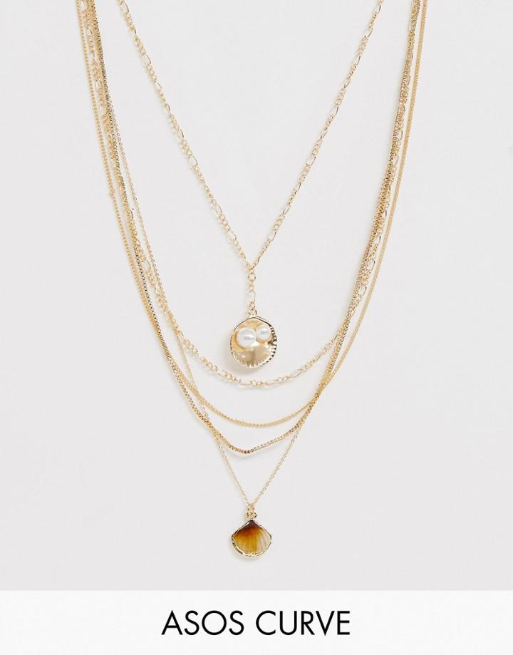 Asos Design Curve Multirow Necklace With Sea Shell Pendants And Mixed Chains In Gold - Gold