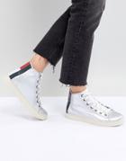 Tommy Jeans Leather High Top Sneaker With Flag Heel Detail - Silver