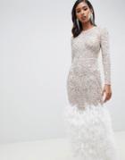 Asos Design Embellished Sequin Maxi Dress With Faux Feather Trim - Beige