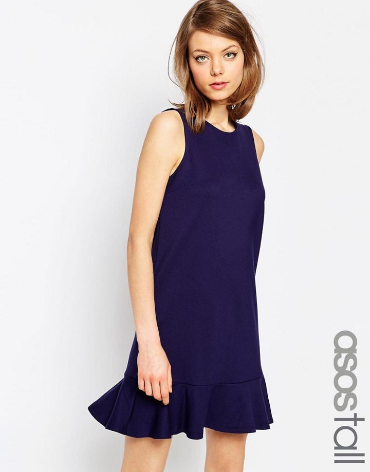 Asos Tall Ruffle Hem Shift Dress In Ponte - Navy