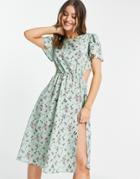 In The Style X Olivia Bowen Cut Out Side Midi Dress With Thigh Split In Sage Floral Print-multi
