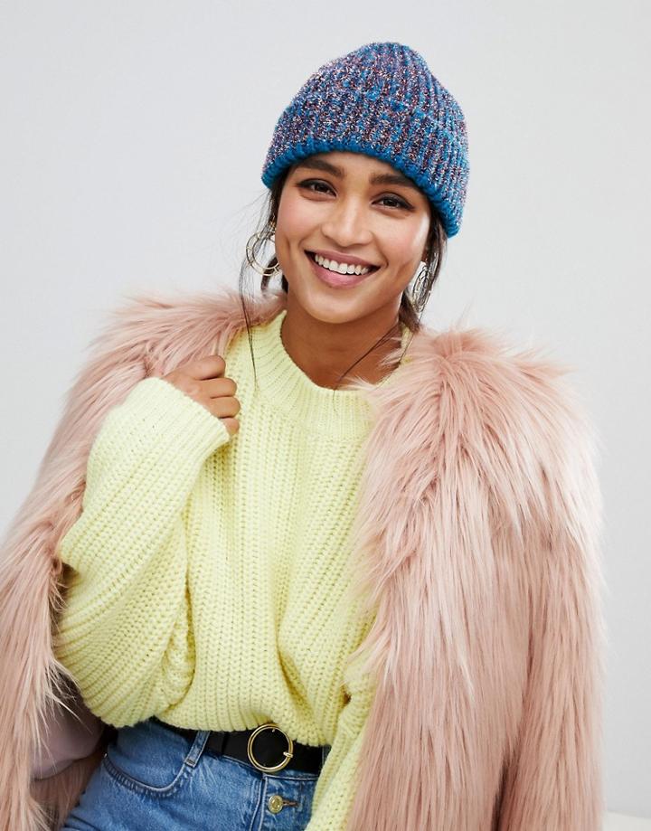 Asos Design Shimmer Fishermans Beanie - Navy