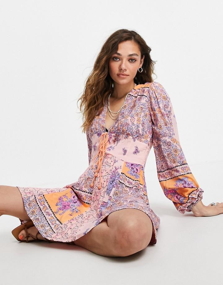 Free People Mixin' It Up Mini Dress With Tie Front In Bright Paisley Print-orange