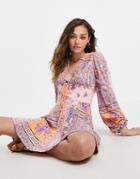 Free People Mixin' It Up Mini Dress With Tie Front In Bright Paisley Print-orange