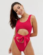 Asos Design Tie Waist Crinkle Scoop Neck Swimsuit In Pink - Pink